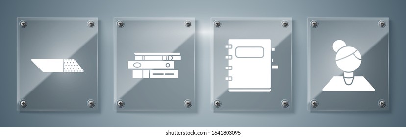Set Teacher, Notebook, Office folders with papers and documents and Eraser or rubber. Square glass panels. Vector