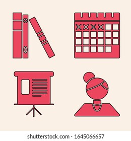 Set Teacher, Office folders with papers and documents, Calendar and Presentation financial board with graph, schedule, chart, diagram, infographic, pie graph icon. Vector