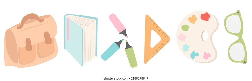  Set with teacher supplies. Back to school. Supplies for study. 