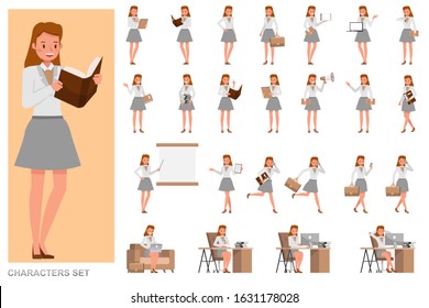 Set of Teacher woman people working character vector design. Presentation in various action with emotions, running, standing and walking.