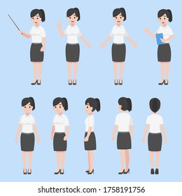 Set of teacher woman in various action Cartoon flat Education concept.