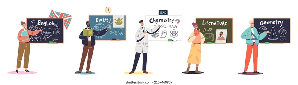 Set of teachers at blackboard explain lesson: geometry, chemistry, biology, english, literature. School pedagogue at chalkboard. Presentation on black chalk board. Cartoon flat vector illustration