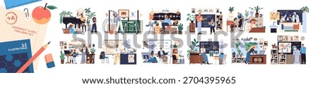 Set of teachers in classrooms. Professors explain lectures to students in class with whiteboard, blackboard. School education and subjects. Flat isolated vector illustrations on white background