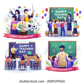 Set of Teacher's Day with A group of teachers from various fields gathers in teacher's day. teacher and students celebrate teacher's day vector illustration