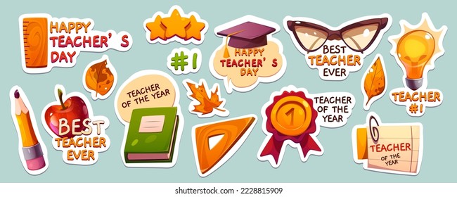 Juego de stickers del Día del Maestro. Dibujo vectorial de libro, gorra académica, regla, lápiz, hojas amarillas de otoño, premio, manzana, estrellas doradas, nota de papel e íconos de bombilla. Educación escolar