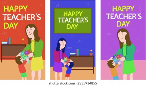 Set Of Teacher's Day. Teacher, Student in the classroom. Kid Student Give Flowers to Teacher