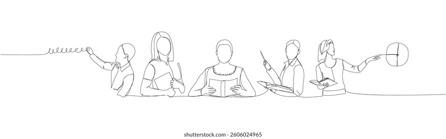 Set of teachers explains the material, points with a pointer one line art. Continuous line drawing of online knowledge, learning, education, teaching, solving problems, student life