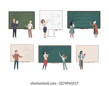 Set of teachers and professors standing in front of blackboard teaching students at school, college or university cartoon vector illustration