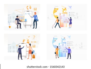 Set of teachers and students studying. Flat vector illustrations of teachers and students holding lesson. Education concept for banner, website design or landing web page