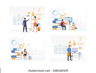 Set of teachers and students studying. Flat vector illustrations of teachers and students holding lesson. Education concept for banner, website design or landing web page