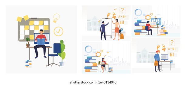 Set of teachers and students studying. Flat vector illustrations of teachers and students holding lesson. Education concept for banner, website design or landing web page