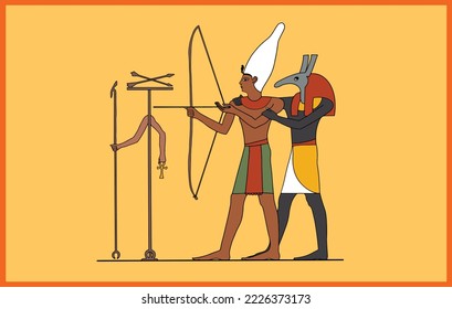 Set Teaches Thutmose III the Skills of Archery . Vector illustration .