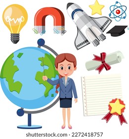 Conjunto de herramientas de equipo de enseñanza y ilustración de caracteres de caricatura de profesores