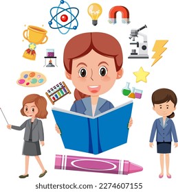 Conjunto de herramientas de equipo de enseñanza y ilustración de caricaturas de profesores