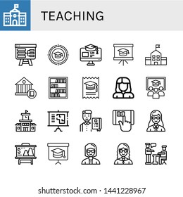 Set of teaching icons such as School, Presentation, Education, Bookcase, College, Teacher, Class, Student, Elearning, Blackboard , teaching