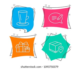 Set of Teacup, Holiday presents and Message icons. Parcel tracking sign. Tea or latte, Gift boxes, Speech bubble. Package location pin.  Flat geometric colored tags. Vivid banners. Vector