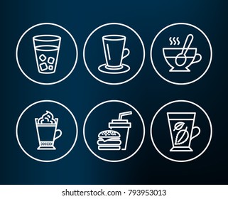 Set of Teacup, Tea cup and Latte coffee icons. Ice tea, Hamburger and Mint leaves signs. Coffee with spoon, Hot drink with whipped cream, Soda beverage. Mentha leaf.  Editable stroke. Vector