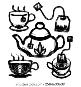 Set of teacup and teapot doodles with hand drawn brush strokes