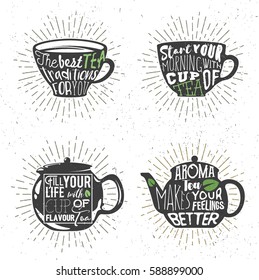 Set of teacups and kettles silhouette with handwritten phrase. Vector illustration. Decorative cup with morning motivation used for poster, banner, card, print, cafe menu or advertising shop.