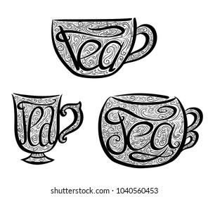 Set of teacups with Lettering and doodle tracery. Hand drawn illustration. Vector element for your design.