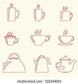 Set of teacups and teapots,  red line design, vector