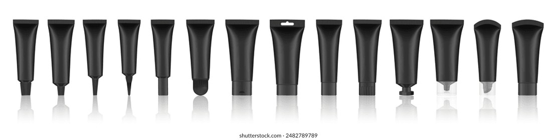 Conjunto de tubos cosméticos negro azulado. Tubos cerrados en blanco con tapones. Una maqueta realista. Tubo largo de boquilla. para ungüento o ungüento. Gel de suero. Embalaje coreano. Brillo labial. Pasta de dientes. Crema de manos