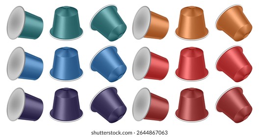 Set of teal, blue, purple, bronze, red and brown coffee capsules. Realistic packaging mockup.	