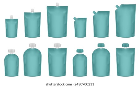 Set of teal green doypack packaging with screw cap. Blank foil drink bags pouches with spout. Ketchup, mayonnaise or mustard. Stand up doy pack mock up set. Cosmetic refill. Fruit puree, baby food