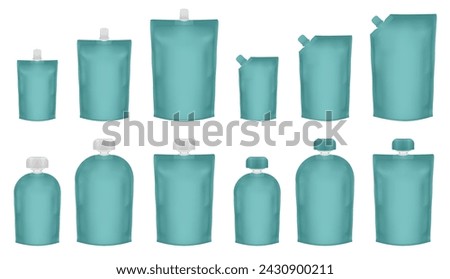 Set of teal green doypack packaging with screw cap. Blank foil drink bags pouches with spout. Ketchup, mayonnaise or mustard. Stand up doy pack mock up set. Cosmetic refill. Fruit puree, baby food
