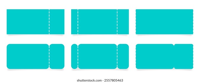 Set of teal green or light blue ticket mockups with ruffle edges and shadows. Empty template. Concert, movie or theater ticket. Boarding blank, lottery, sale coupon	