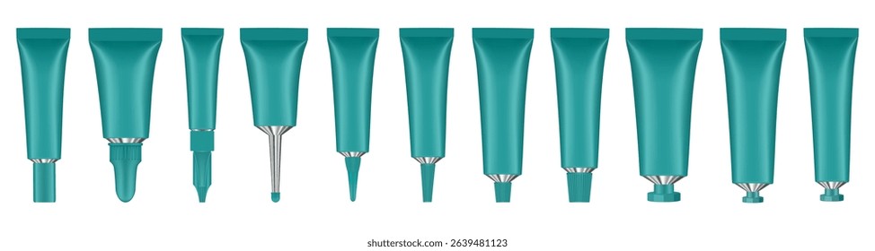 Set of teal green metal tubes. Realistic mockup. Long nozzle tube for ointment or salve. Gel or serum. Korean cosmetic packaging. Toothpaste or hand cream