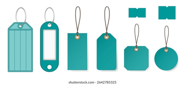 Set of teal green price tags and keyrings. Price stickers. Luggage tag. Cardboard label for clothes. Key tags with split ring and window. Keychains