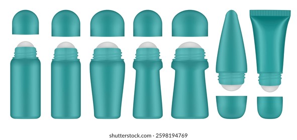 Set of teal green roller ball bottles. Body antiperspirant deodorant roll-on, open blank bottles with screw cap. Realistic vector mockup. Roller Applicator	
