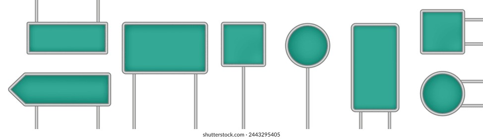 Conjunto de tabletas verdes azuladas, paneles colgantes, letreros con puntero aislado sobre un fondo transparente. Señalizaciones redondas y cuadradas. Punteros de carretera de metal 3D. Cartelera en blanco