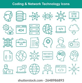 El conjunto de iconos lineales reales simboliza la codificación, las soluciones de red y los conceptos de tecnología, con almacenamiento de datos, interfaz hombre-máquina, globo terráqueo y desarrollo de programas.