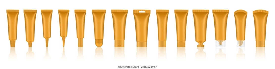 Set of teal orange cosmetic tubes. Closed blank tubes with caps. Realistic mockup. Long nozzle tube. for ointment or salve. Gel serum. Korean packaging. Lip gloss. Toothpaste. Hand cream	
