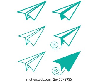 Set of Teal Paper Airplane Icons for Graphic Design, stylized paper airplane icons in teal, set of six simple, green paper airplane icons, isolated on a white background, paper airplane, icon, graphic