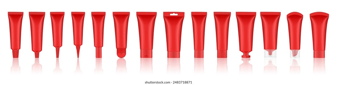 Set of teal red cosmetic tubes. Closed blank tubes with caps. Realistic mockup. Long nozzle tube. for ointment or salve. Gel serum. Korean packaging. Lip gloss. Toothpaste. Hand cream