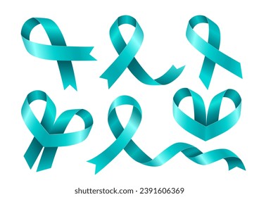 Set of Teal ribbons. Awareness for cervical cancer, Ovarian Cancer, Polycystic Ovary Syndrome (PCOS), Post Traumatic Stress Disorder(PTSD), Obsessive Compulsive Disorder(OCD). Vector 3d illustration