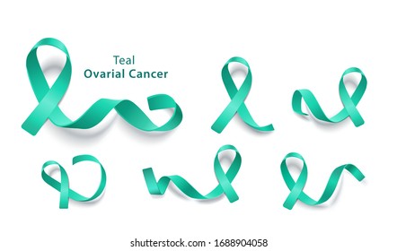 Set of teal ribbons for ovarian cancer awareness day, collection of pins for charity - collection of isolated icons on white background, vector illustration