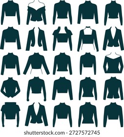 Conjunto de silhuetas reais que ilustram diferentes desenhos de roupas femininas, incluindo topos de manga comprida, fora do ombro e gola rolê, apresentando diversas opções de moda