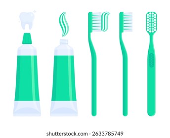 Set of teal toothpaste tubes and toothbrushes with paste on bristles. Dental care, hygiene, oral health, and personal care concept. Flat vector illustration isolated on white background