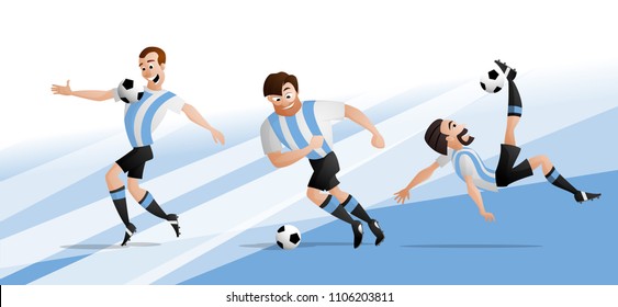 The set of team Argentina football or soccer players kicking the ball. Isolated from background. Drawn in a cartoon style.