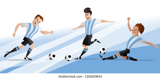 The set of team Argentina football or soccer players kicking the ball. Isolated from background. Drawn in a cartoon style.