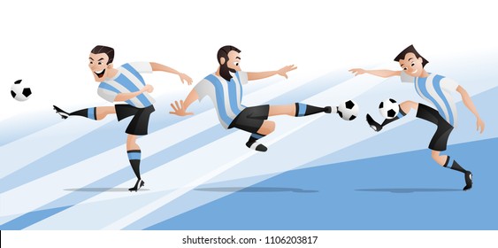 The set of team Argentina football or soccer players kicking the ball. Isolated from background. Drawn in a cartoon style.