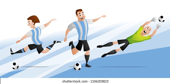 The set of team Argentina football or soccer players kicking the ball. Isolated from background. Drawn in a cartoon style.