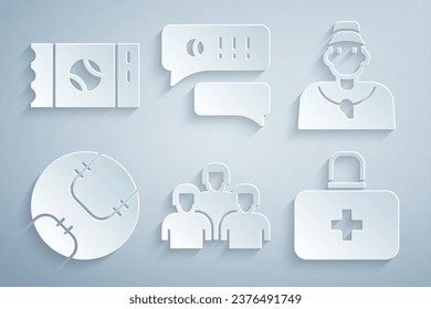 Set Team of baseball players, Baseball coach, First aid kit, Speech bubble chat and ticket icon. Vector