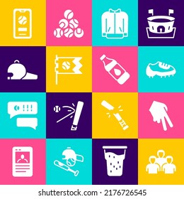 Set Team of baseball players, Baseball glove, boot, t-shirt, Flag with, cap, Mobile and Bottle water icon. Vector