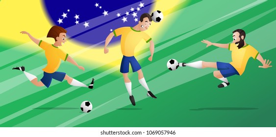 The set of team Brazil Football or soccer players in yellow blue uniform kicking the ball. Isolated from background. Drawn in a cartoon style.