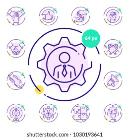 Set of team building icons on transparent background. Thin line scalable vector. Unite, like, help, encourage, handshake, success, assistance, speaker, target, team member, community, team builder